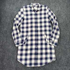 Vans Womens Large Blue White Plaid Flannel Button Down Shirt Dress Long Sleeve